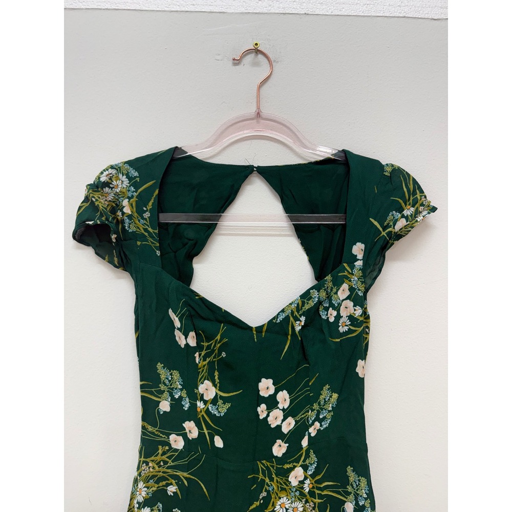 Reformation Midi Dress 6 Green Floral Smocked Back Cutout Ruffle Hem Sweetheart - Picture 3 of 11
